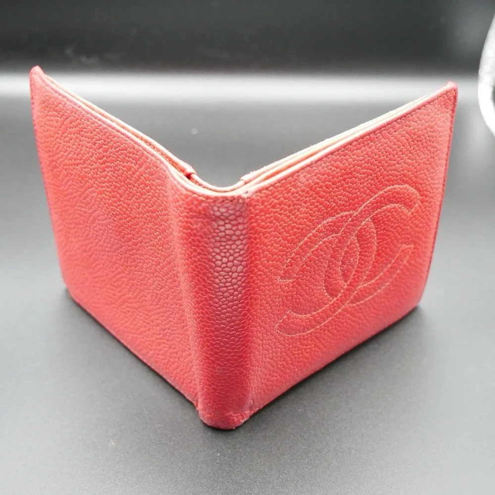 Chanel Vintage Red Caviar Leather CC Logo Bifold Wallet Mens Coin Pocket 4805054